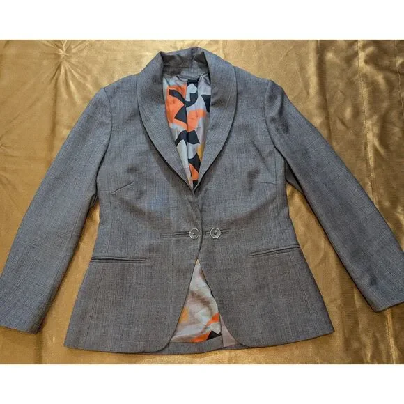 Ted Baker Virgin Wool Blazer Size 3 Gray Shawl Collar Abstract Lining 26in - Picture 1 of 9